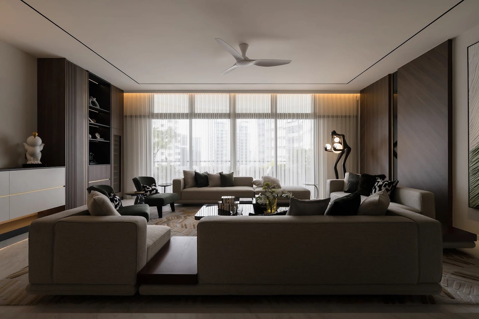 Luxury bespoke condominium living room in Singapore designed by Mr Shopper Studio with warm cove lighting and fluted joinery