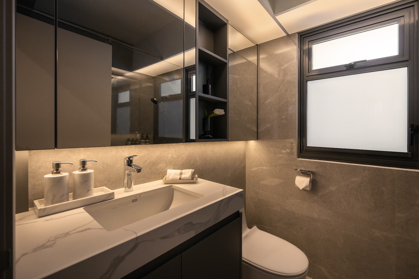HDB BTO transformation with custom marble-look joinery and handleless carpentry